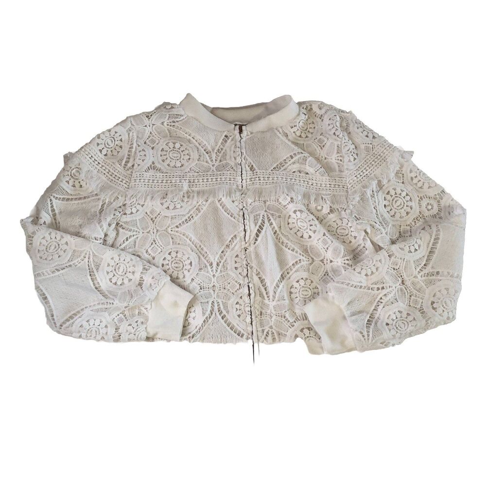 SHEIN White Lace Crochet Fringe Bomber Jacket Full Zip Size US 12